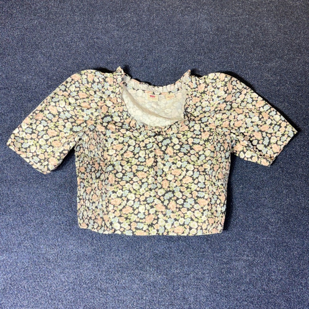 Levis Floral Smocked Crop Top Womens Small Multicolor Cottagecore Ruffle Blouse